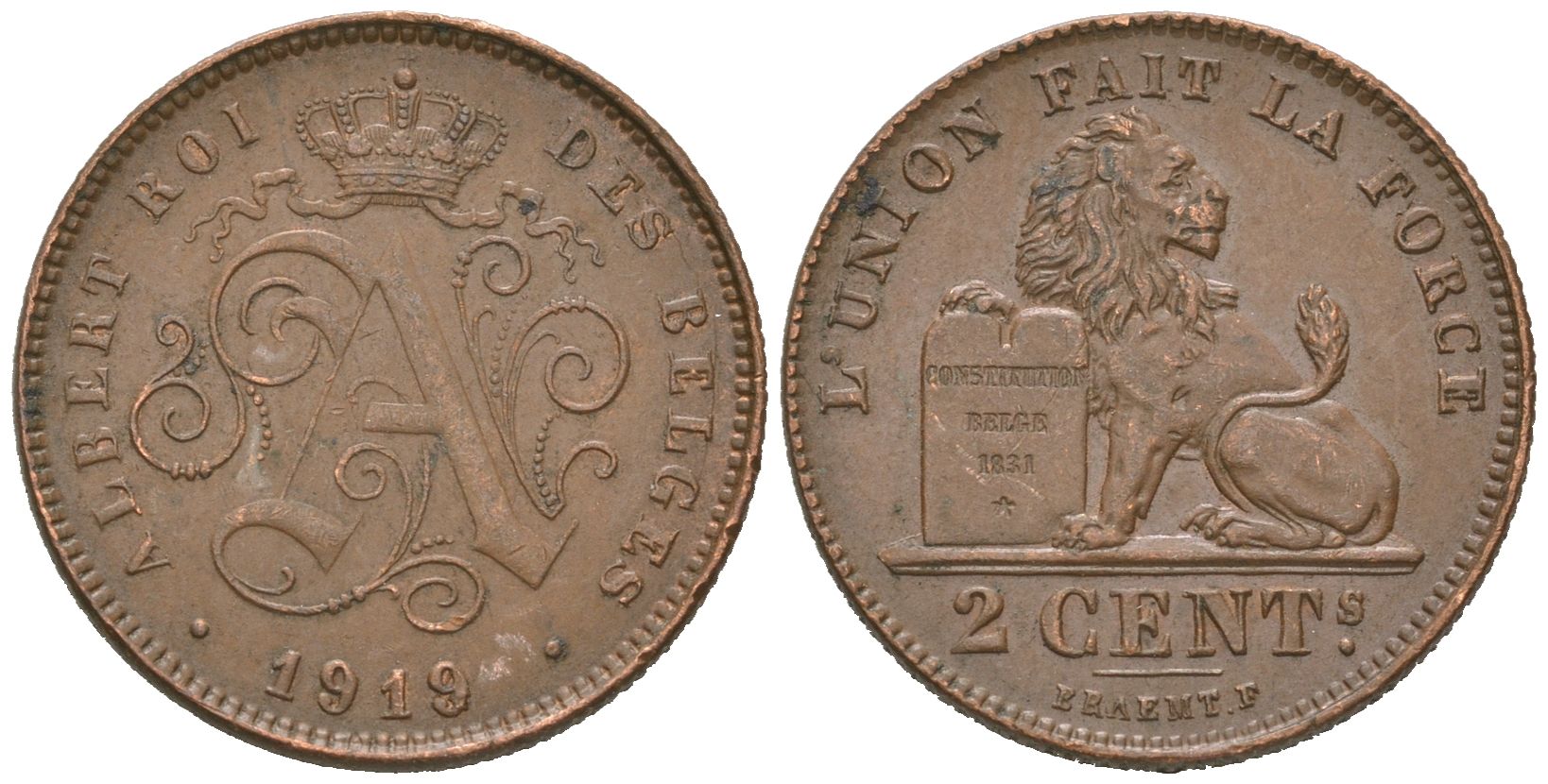 Бельгия 2 сантима 1919 Belges, Альберт I (1909-1934) KM 64 медь aUNC 4618-1127