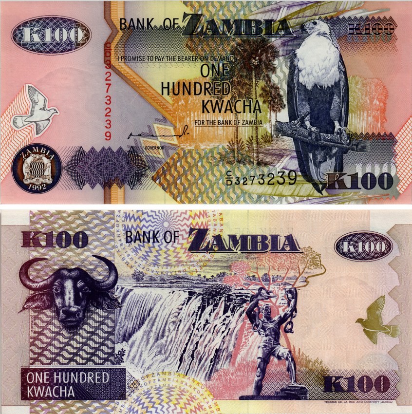 Замбия 100 квач 1992 орлан крикун, водопад Виктории, подпись Mulaisho Pick 38 а бумага UNC (пресс) 7457-40-2-1