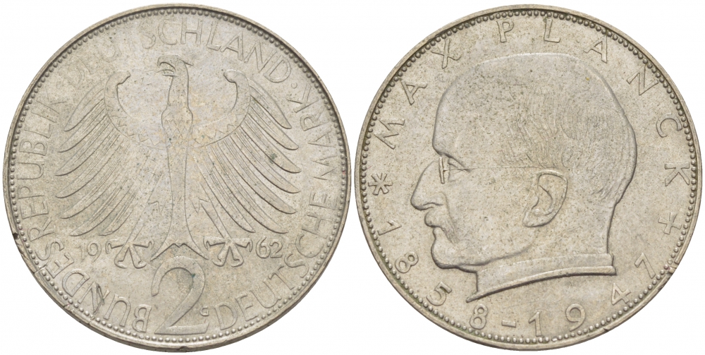 ФРГ 2 марки 1962 G , Макс Планк KM 116, J. 392 медно-никель плакированный никелем 110-314
