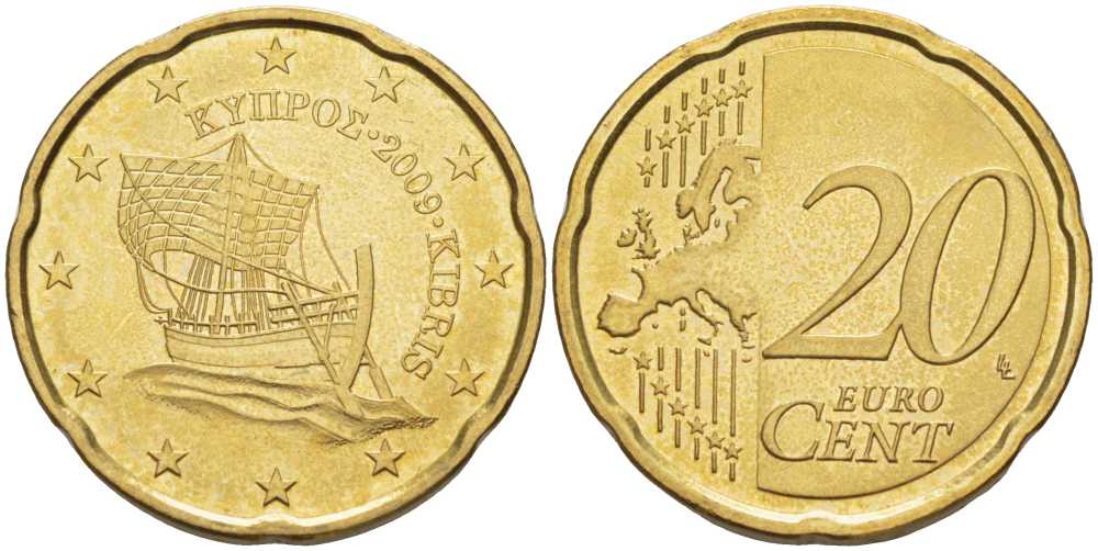 КИПР 20 ЕВРОЦЕНТОВ 2009 ПАРУСНИК KM 82 латунь UNC 28-825