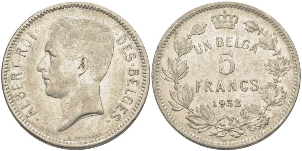 БЕЛЬГИЯ 5 ФРАНКОВ 1932 АЛЬБЕРТ I, DES BELGES KM 97.1 никель 3851-224