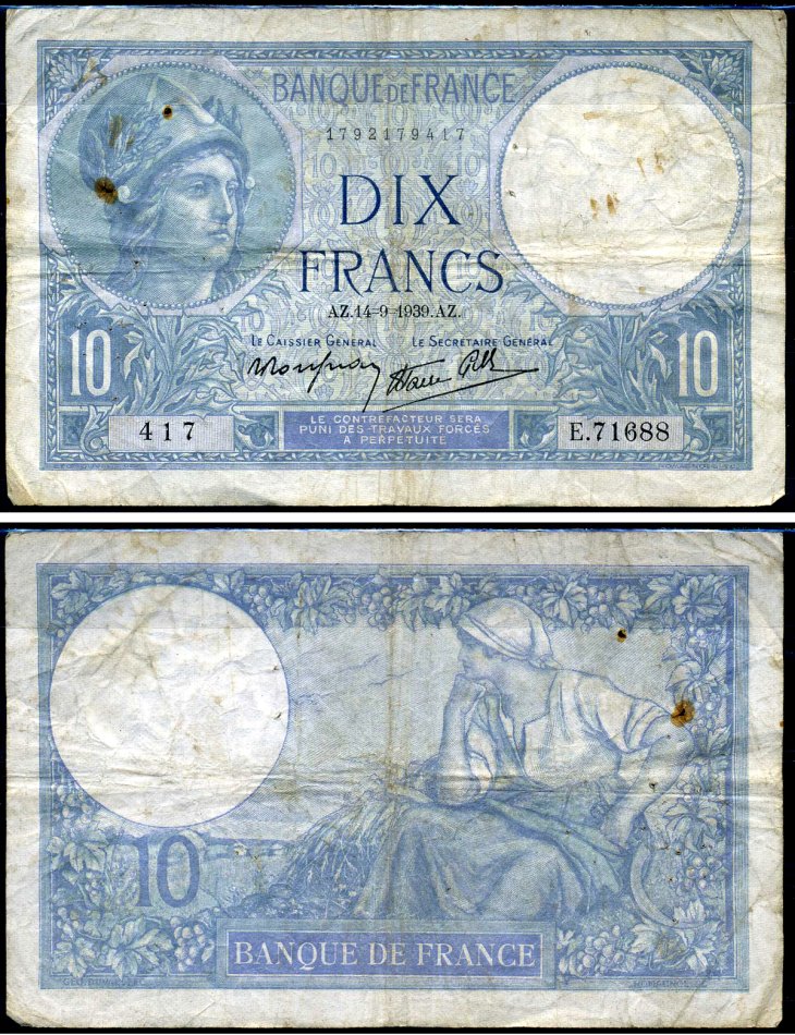Франция 10 франков 1939 Pick 84 бумага 7219-21-2-2