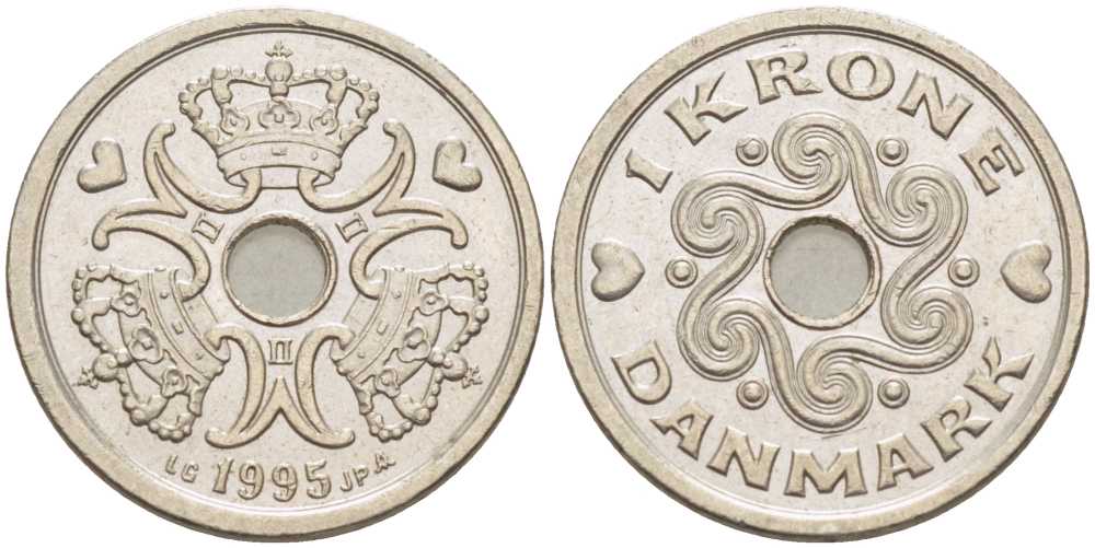 Дания 1 крона 1995 LG; JP; A, Маргрете II (1972- ) KM 873.1 медно-никель 67-615