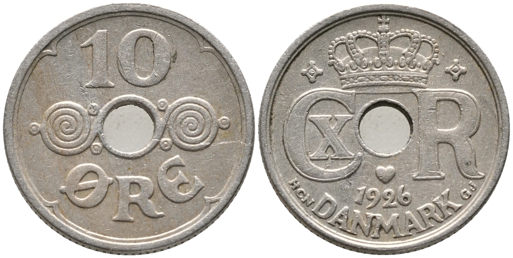 ДАНИЯ 10 ЭРЕ 1926 HCN; GJ, КРИСТИАН X (1912-1947) KM 822.1 медно-никель 100-718