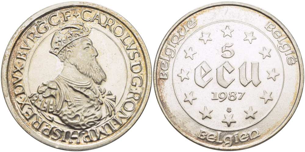 Бельгия 5 экю 1987 30 лет Римскому договору, Карл V Габсбург (1500-1558) KM 166 серебро UNC 11-171-31