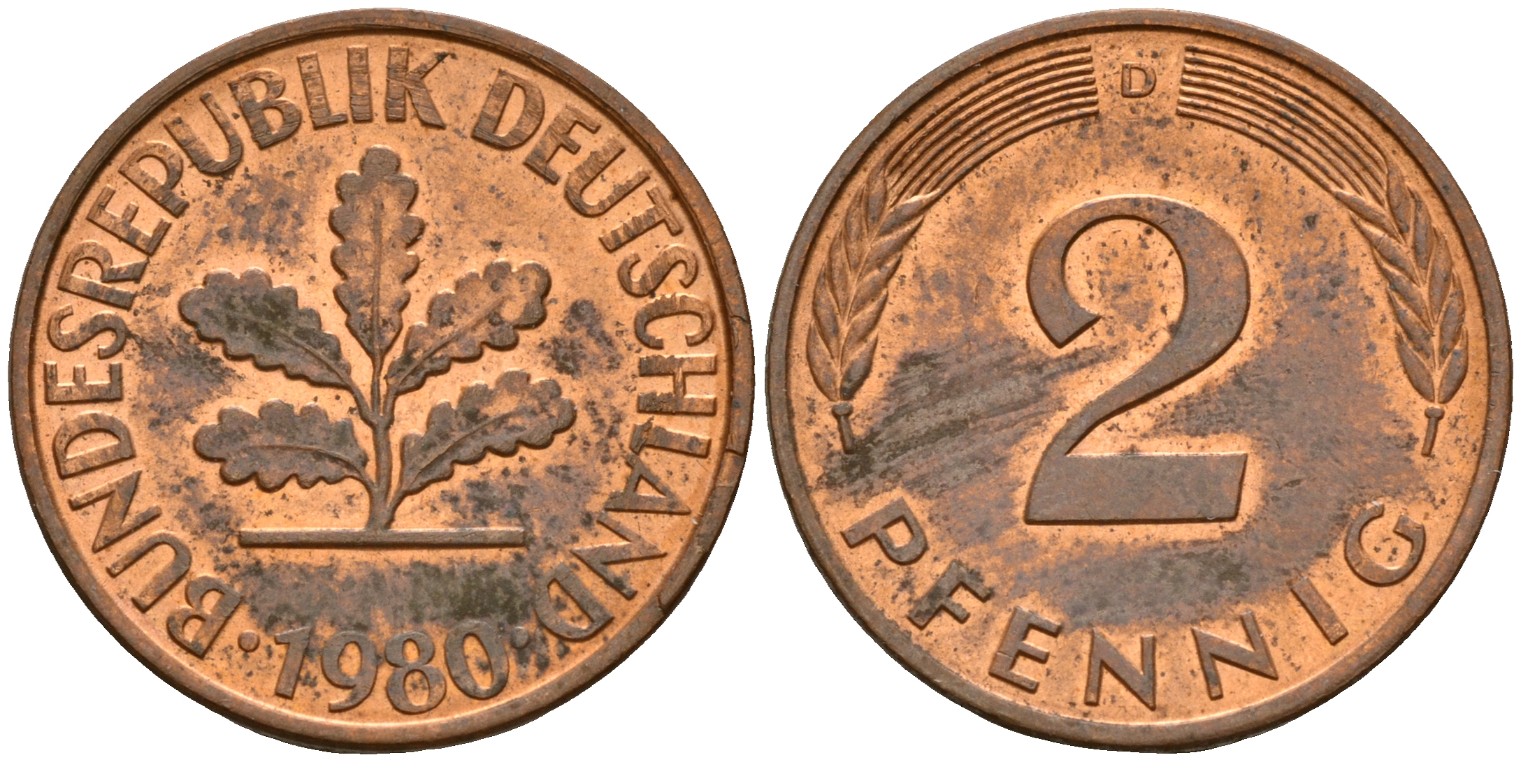 ФРГ 2 пфеннига 1980 D J.381a, KM 106a сталь плакированная медью    4598-846