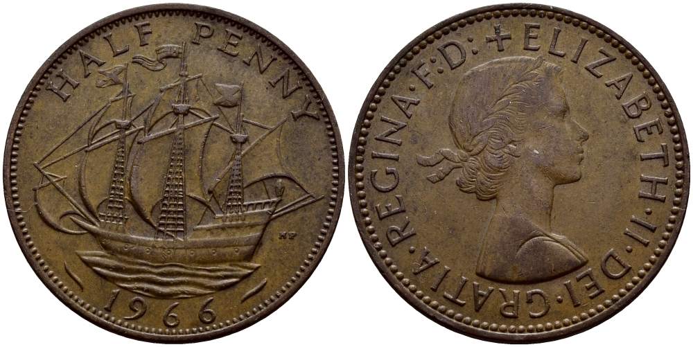 Великобритания 1/2 пенни 1966 Елизавета II (1952-2022) KM 896, Spink 4158 бронза 51-2527