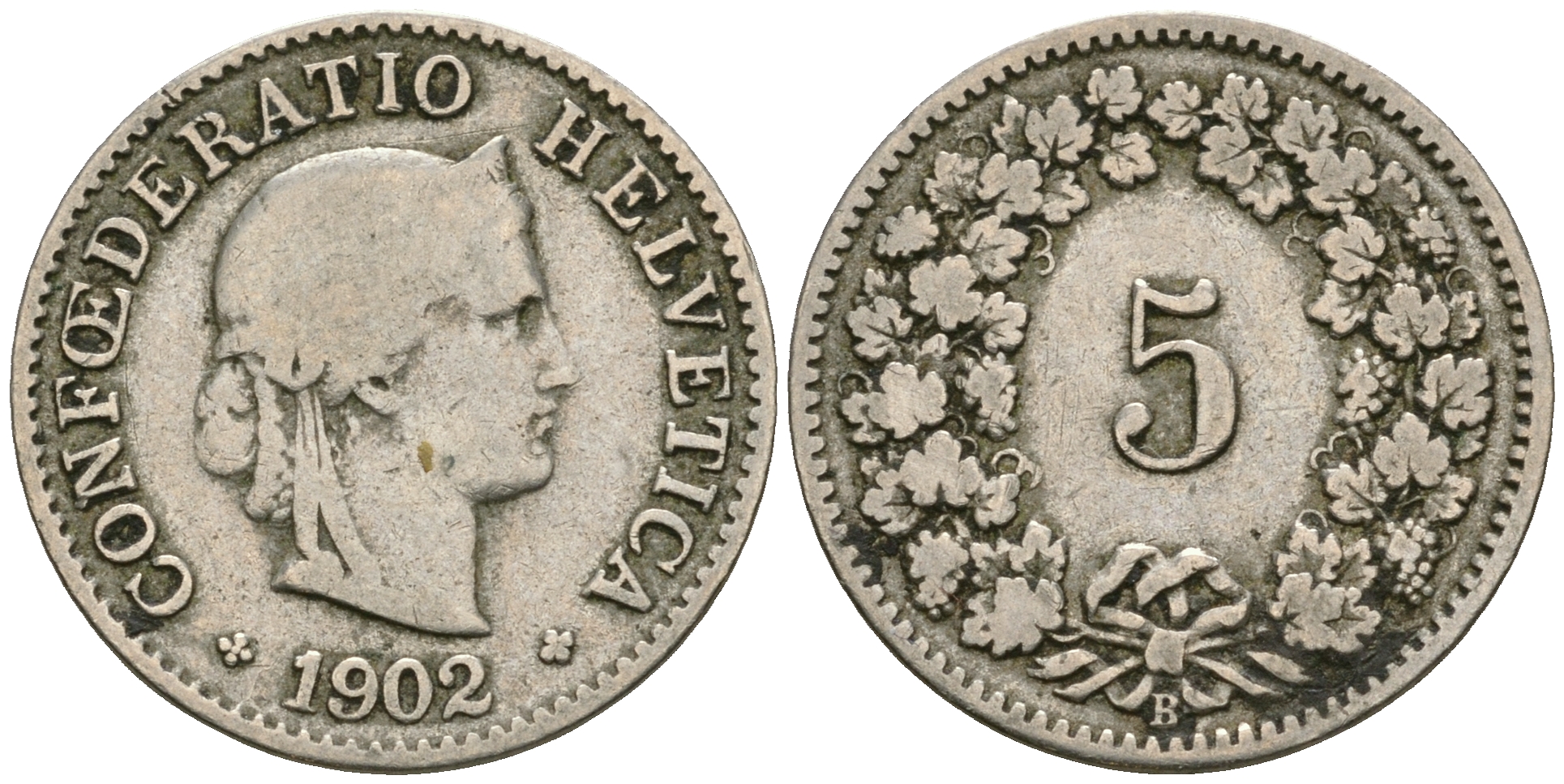 Швейцария 5 раппенов 1902 KM 26 медно-никель 4608-1016