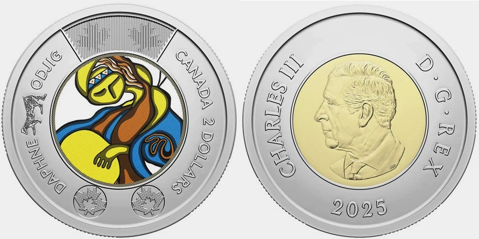 Канада 2 доллара 2023 Карл III (2022- ), костюм цветной Дафны Оджиг, термопечать KM NEW биметалл  UNC  M78-13