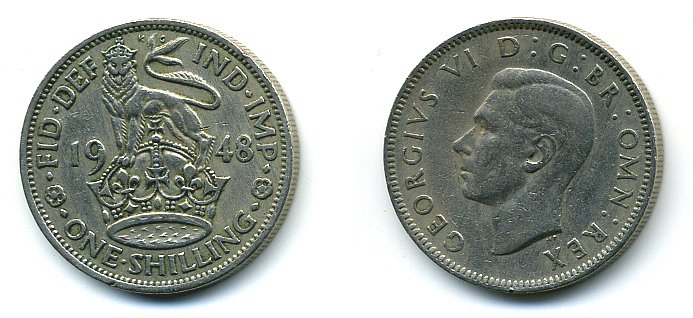 Великобритания 1 шиллинг 1948 Георг VI (1936-1952), Английский шиллинг КМ 863, Spink 4103 медно-никель 4110-916
