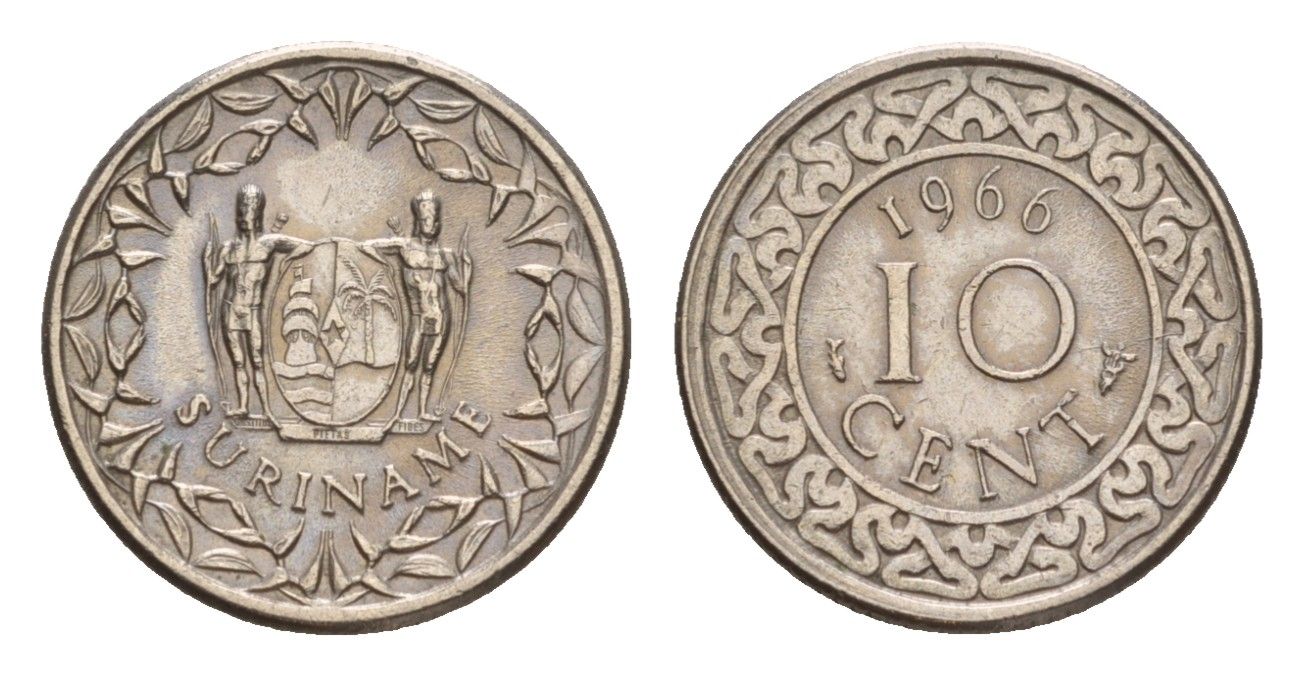 Суринам 10 центов 1966 KM 13 медно-никель 4649-962