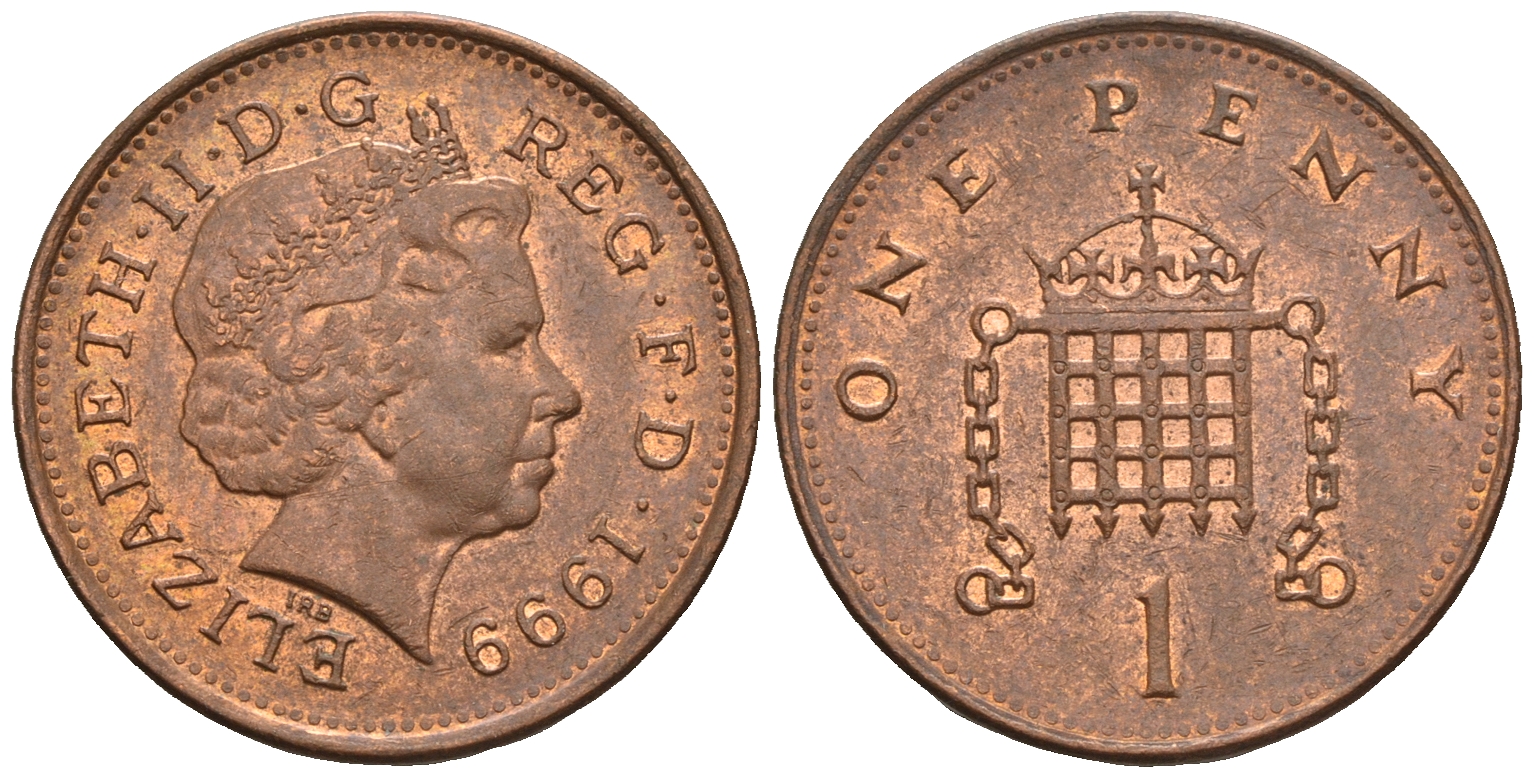 Великобритания 1 пенни 1999 Елизавета II (1952-2022) KM 986, Spink 4710 (B5) сталь плакированная медью 4609-547