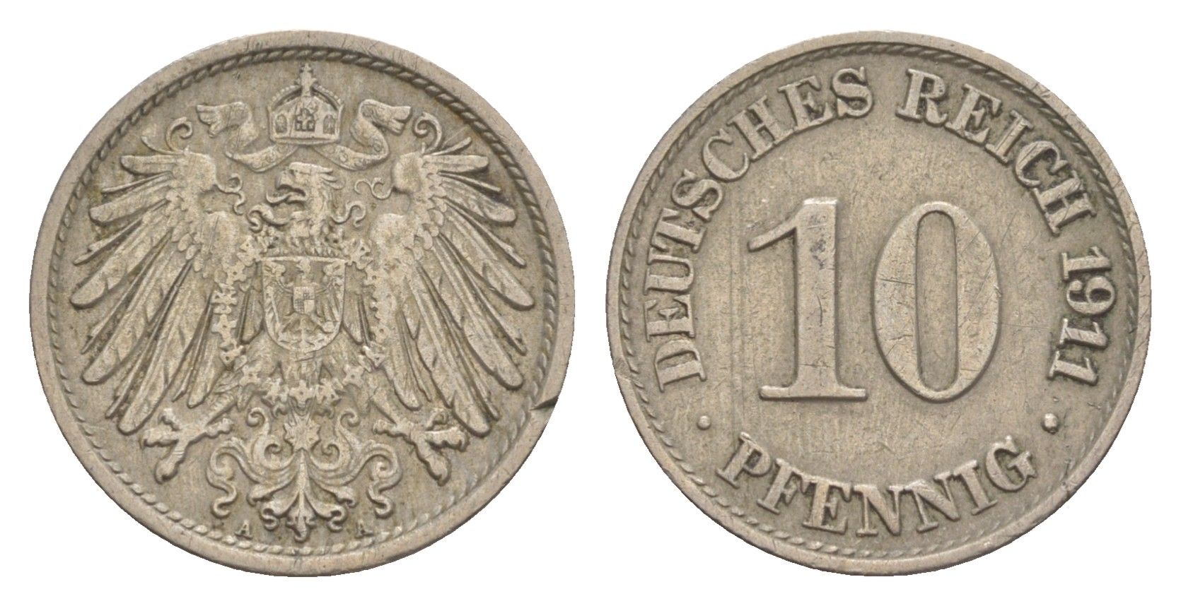 Германия 10 пфеннигов 1911 A, Вильгельм II (1888-1918) KM 12, J. 13 медно-никель 4640-318