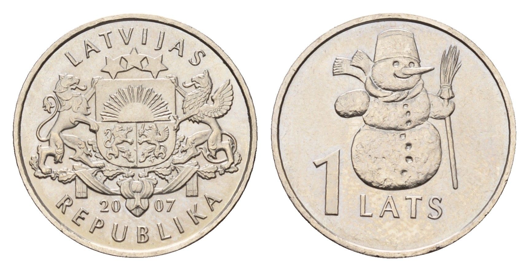 Латвия 1 лат 2007 Снеговик KM 85 медно-никель UNC 4679-336