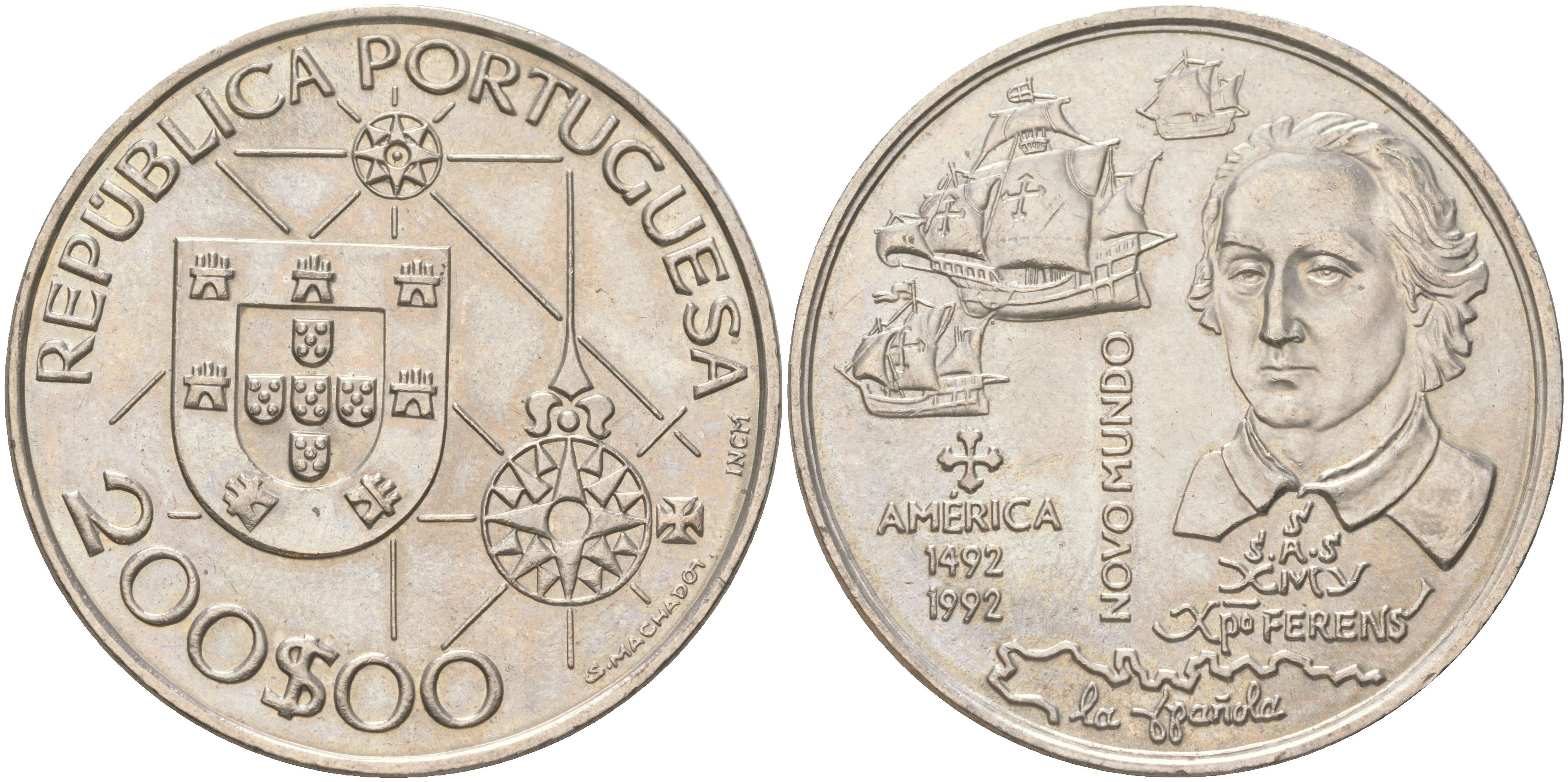 Португалия 200 эскудо 1992 Новый мир - Америка KM 660 медно-никель UNC 1088-9-62