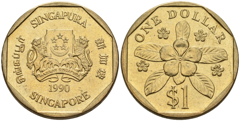 Сингапур 1 доллар 1990 барвинок KM 54b алюминиевая бронза 4556-1225