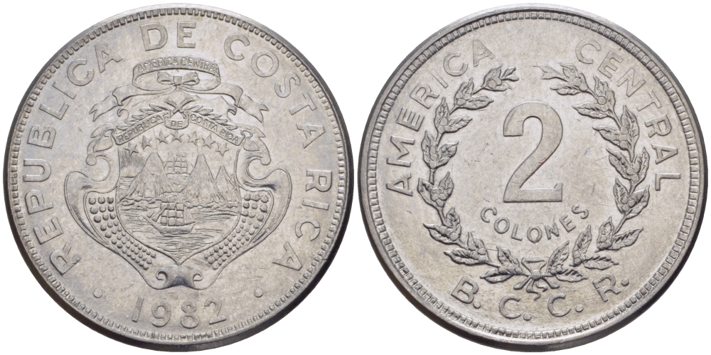КОСТА-РИКА 2 КОЛОНА 1982 В.С.С.R. KM 211.1 нержавеющая сталь 31-614