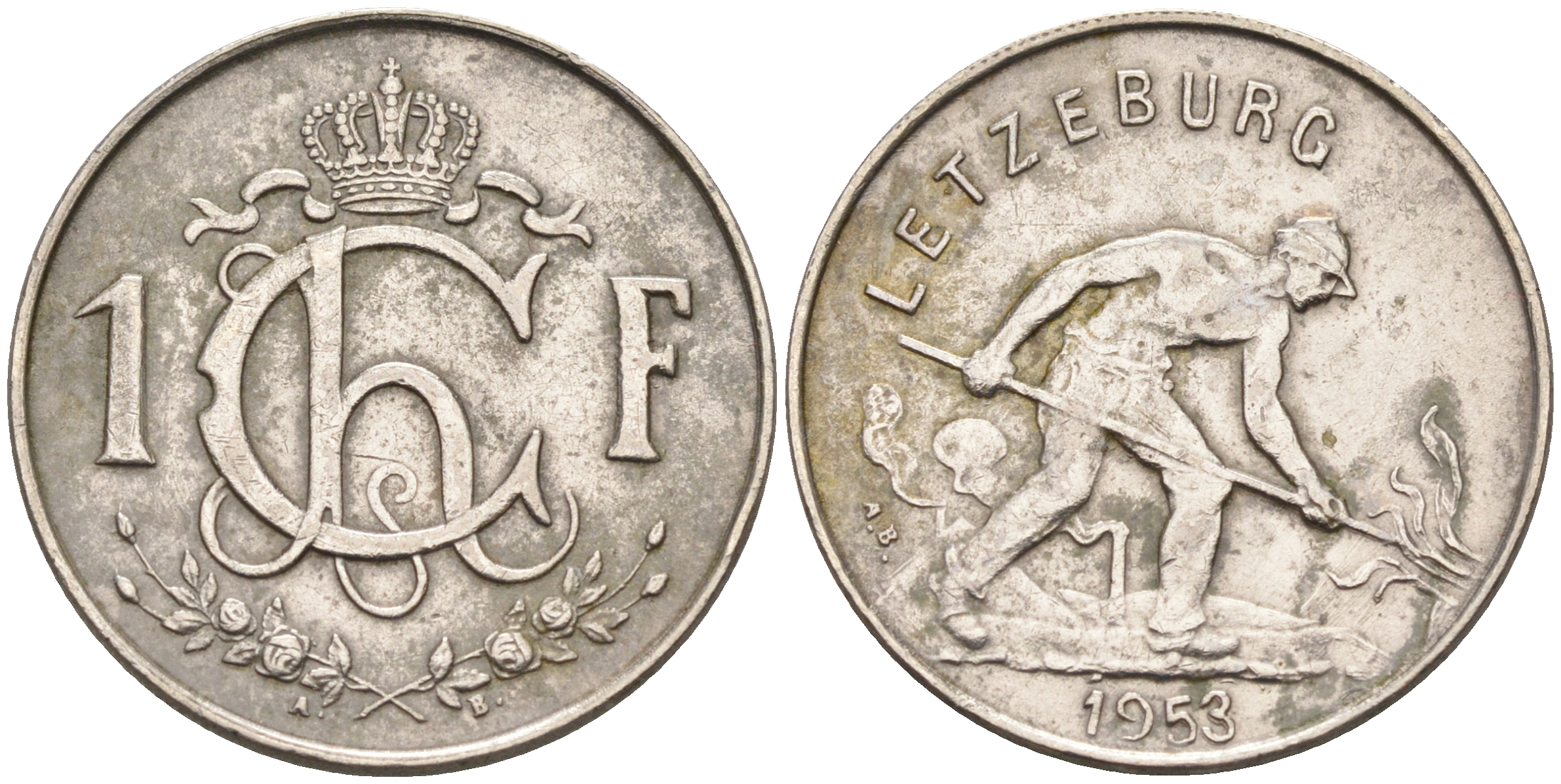 Люксембург 1 франк 1953 сталевар KM 46.2 медно-никель    4142-431