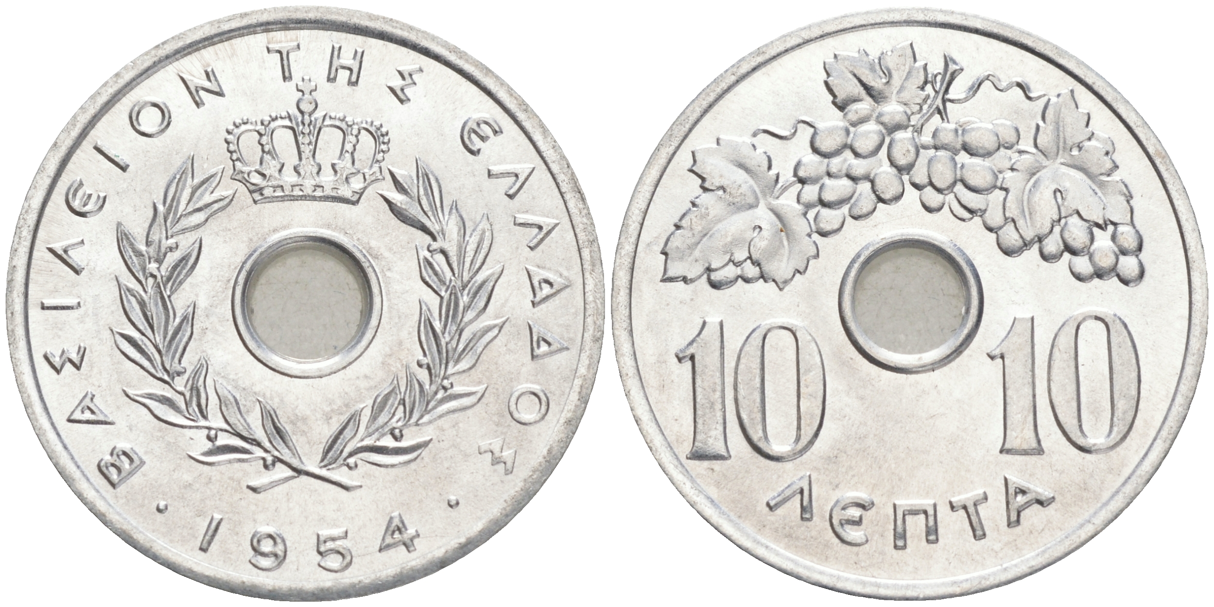 Греция 10 лепта 1954 Павел I (1947-1964), виноградная лоза KM 78 алюминий UNC 4556-244