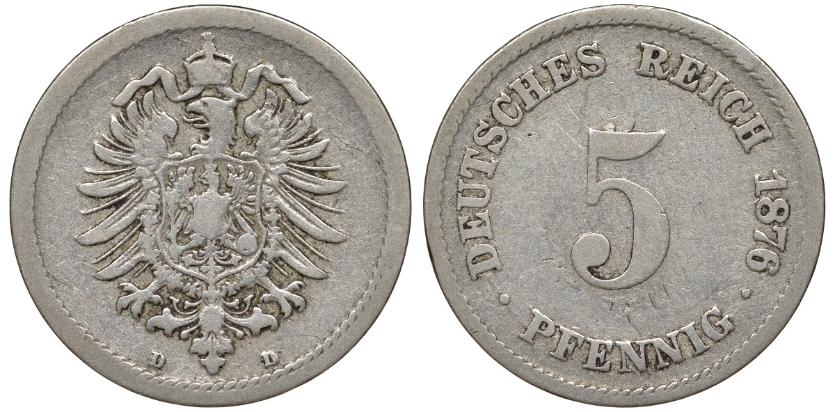 Германия 5 пфеннигов 1876 D, старогербовка KM 3, J. 3 медно-никель 51-3317