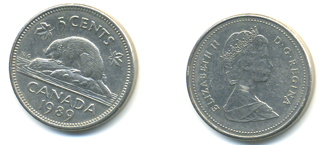 Канада 5 центов 1989 Елизавета II (1952-2022), бобер KM 60.2а медно-никель 177-1245