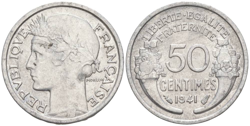 ФРАНЦИЯ 50 САНТИМОВ 1941 ТИП MORLON LOURDE KM 894.1a, LE FRANC 193.2 алюминий 44-161