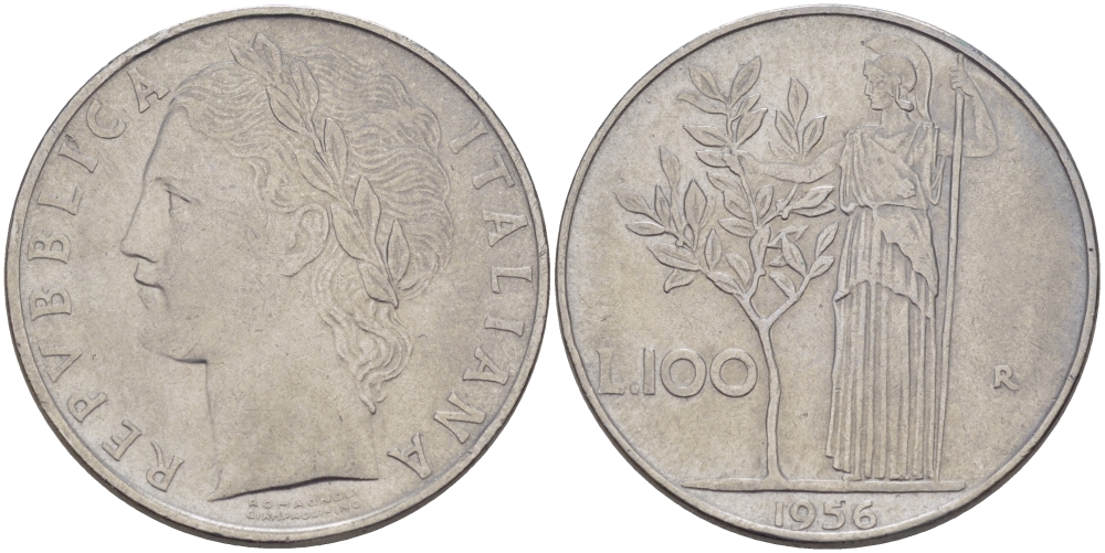 ИТАЛИЯ 100 ЛИР 1956 R, АФИНА KM 96.1 нержавеющая сталь 32-1232