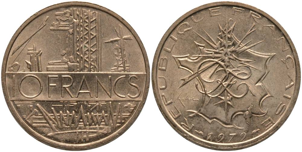Франция 10 франков 1979 тип Матье KM 940, Le Franc 365.13-14 никель латунь 181-444