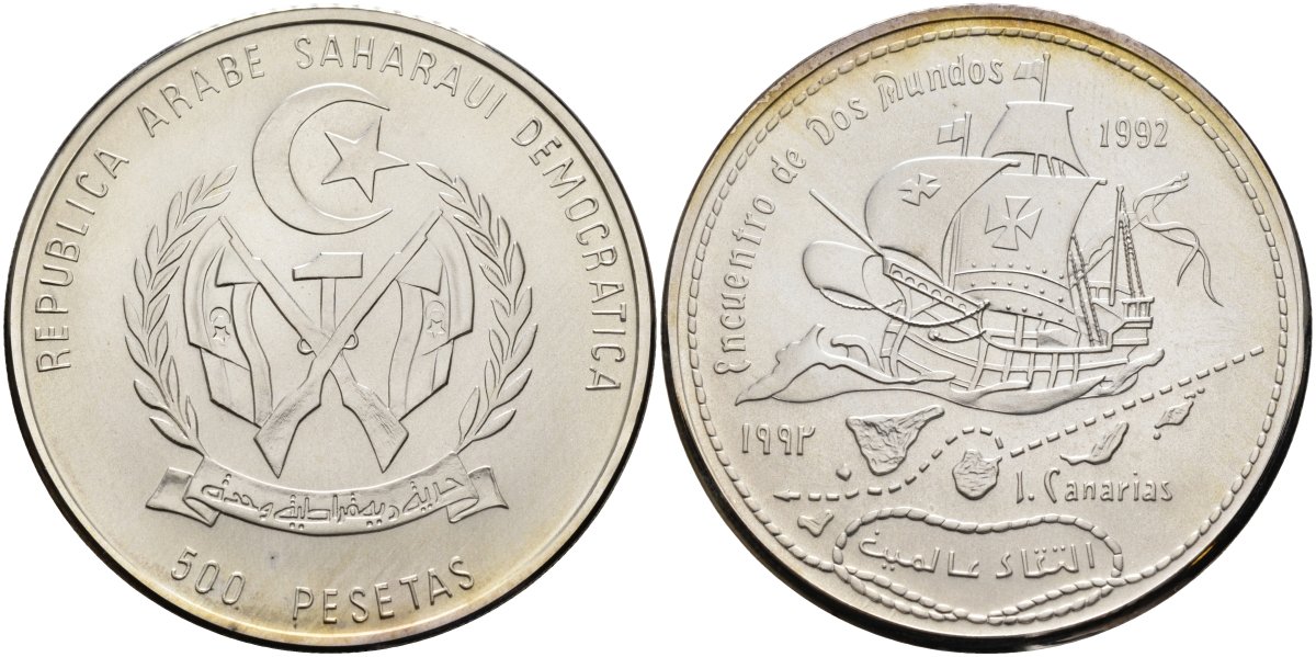 Западная Сахара 500 песет 1992 встреча двух миров, парусник на фоне канарских островов KM 9.1 серебро UNC 00-000-00