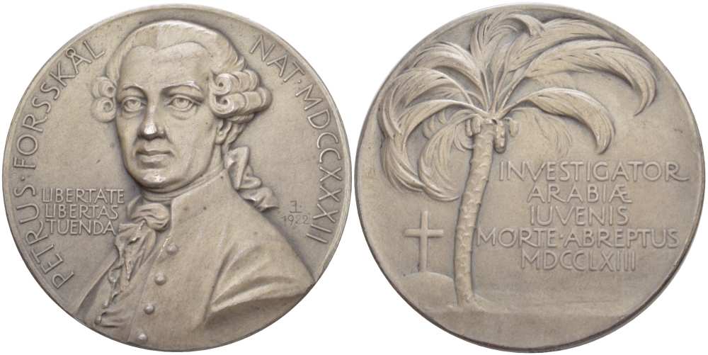ШВЕЦИЯ МЕДАЛЬ 1922 ПАМЯТИ ПЕТЕРА ФОРССКАЛЯ (1732-1763), ПРОФЕССОРА, ЗООЛОГА, БОТАНИКА, ВОСТОКОВЕДА, УМЕРШЕГО ВО ВРЕМЯ ЭКСПЕДИЦИИ В ЙЕМЕН ОТ МАЛЯРИИ, ДИАМЕТР45 ММ., ВЕС 44,82 ГР., МЕДАЛЬЕР ЭРИК ЛИНДБЕРГ серебро 1084-2-23