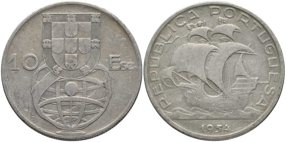 Португалия 10 эскудо 1954  KM 586 серебро 180-624