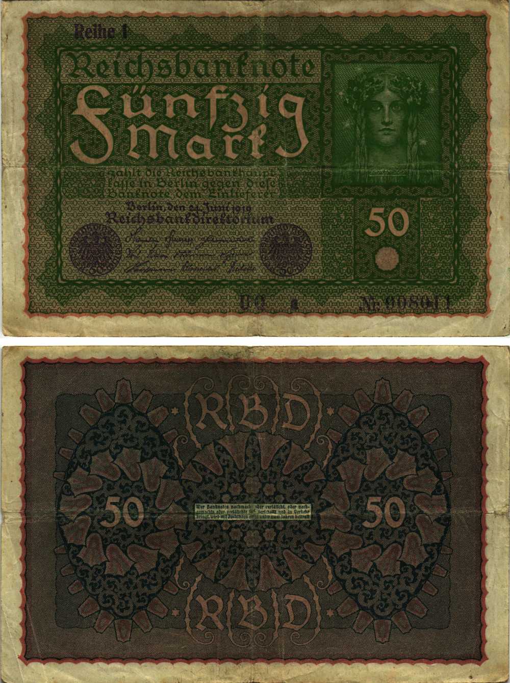 ГЕРМАНИЯ 50 МАРОК 1919 24 ИЮНЯ 1919, REIHE I, СЕРИЯ UQ, ВЫПУСК С НОЯБРЯ 1919 ГОДА Pick 66, Rosenberg 62аа бумага 8609-51-1