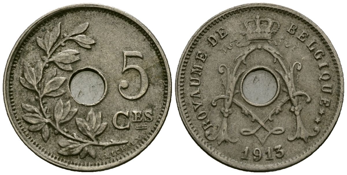 Бельгия 5 сантимов 1913 Belgique KM 66 медно-никель 4173-447