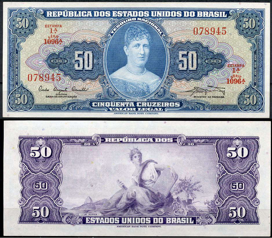 Бразилия 50 крузейро ND (1961) принцесса Изабел, Estampa 1, серия 1096А Pick 169 а  бумага  UNC (пресс) 451-456-2