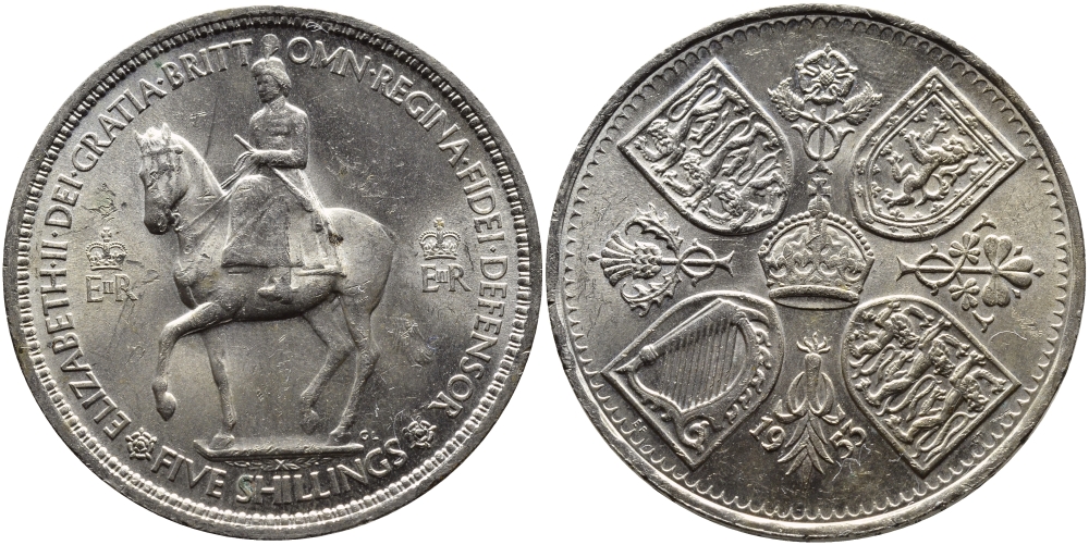 Великобритания 1 крона (5 шиллингов) 1953 коронация королевы Елизаветы, Елизавета II (1952-2022) Елизаветы KM 894, Spink 4136 медно-никель aUNC 58-931