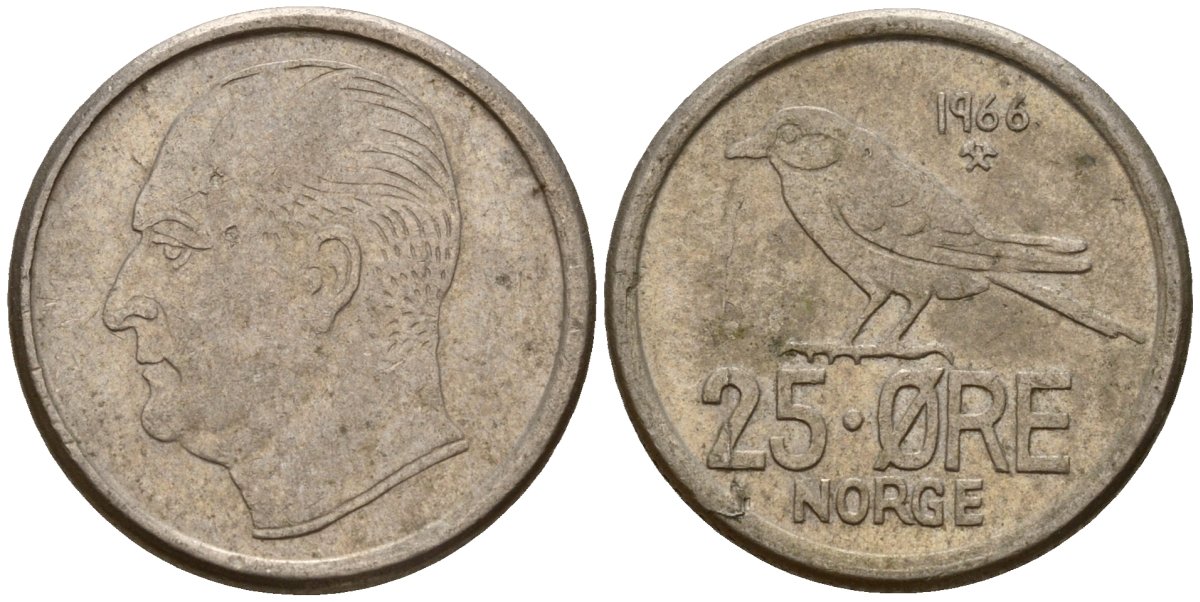 Норвегия 25 эре 1966 Улаф V (1958-1991), синица KM 407 медно-никель 4154-813