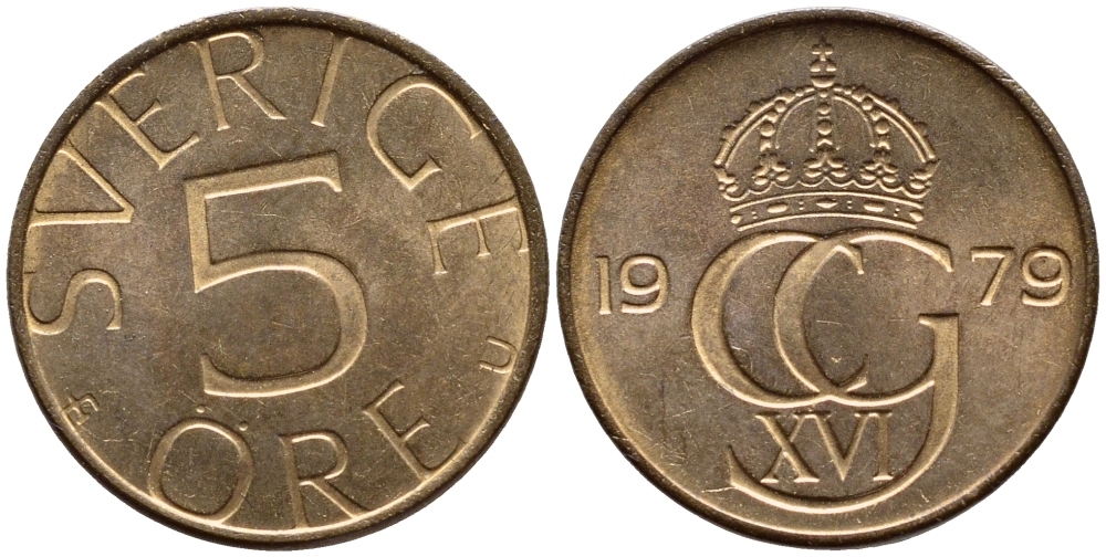 Швеция 5 эре 1979 U, Карл XVI Густав (1973- ) KM 849 бронза 4396-521