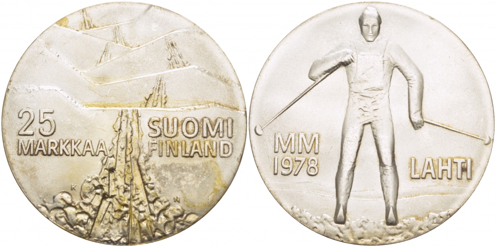 Финляндия 25 марок 1978 K-N, 21 Чемпионат мира по лыжным видам спорта 1978 в Лахти KM 56 серебро UNC 1515-1243