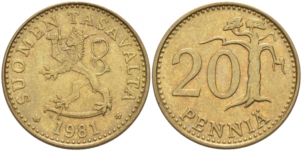 ФИНЛЯНДИЯ 20 ПЕННИ 1981 K KM 47 алюминиевая бронза 3718-515