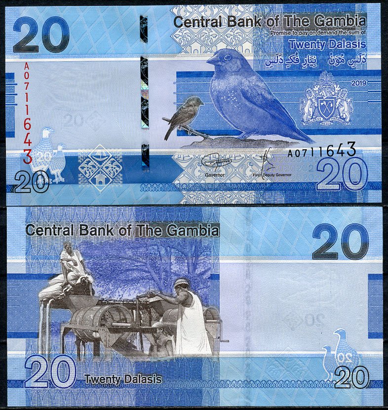 Гамбия 20 даласи 2019 птица, сельскохозяйственная машина Pick NEW  бумага  UNC (пресс) 448-73-1