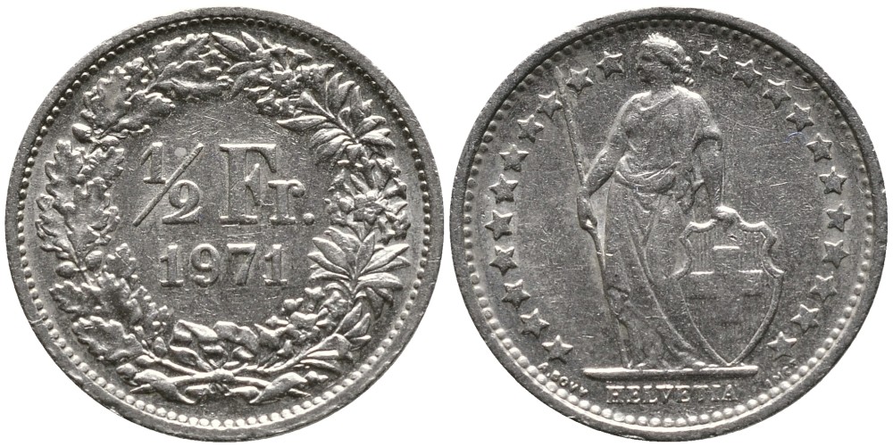 Швейцария 1/2 франка 1971 KM 23а.1 медно-никель 4528-558