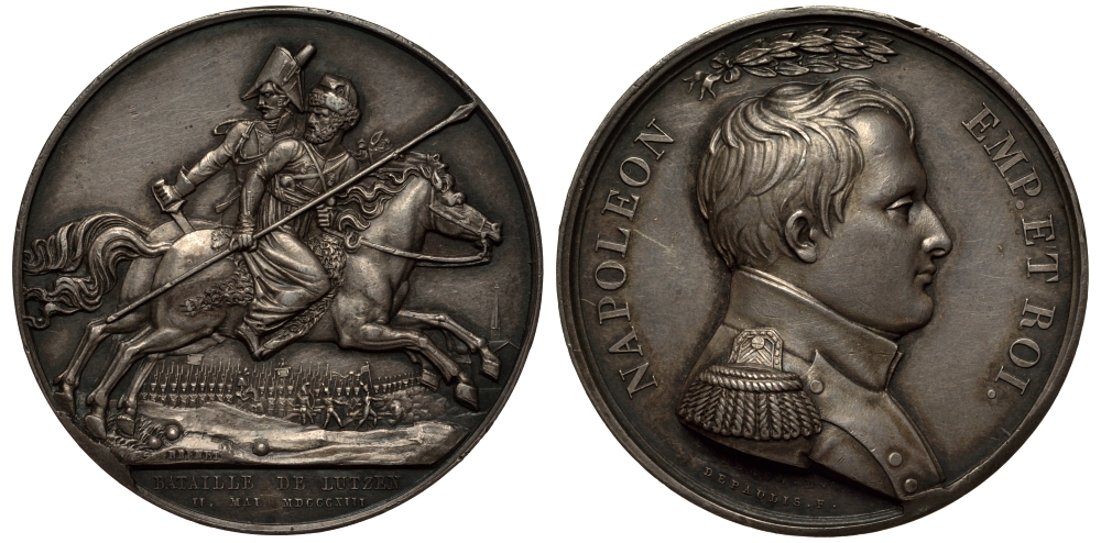 Франция медаль начало XIX века битва при Лютцене 2 мая 1813 года, Наполеон Император и Король, вес 42 гр., диаметр 40 мм серебро 10-010-75