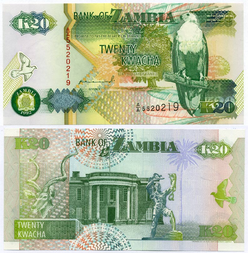 Замбия 20 квач 1992 орлан крикун, сайгак, президентский дворец, подпись Mulaisho Pick 36 a бумага UNC (пресс) 8611-43-1-1