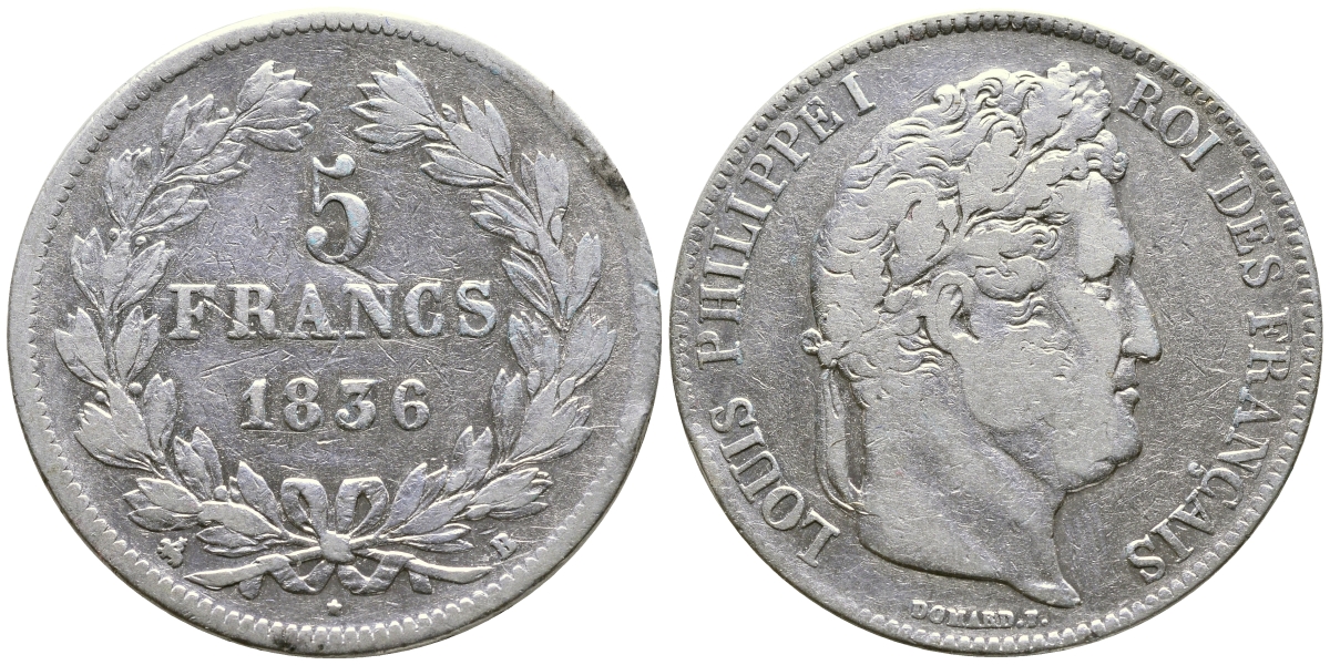 Франция 5 франков 1836 B, Луи Филипп I (1830-1848) KM 749.2 серебро 1066-7-52