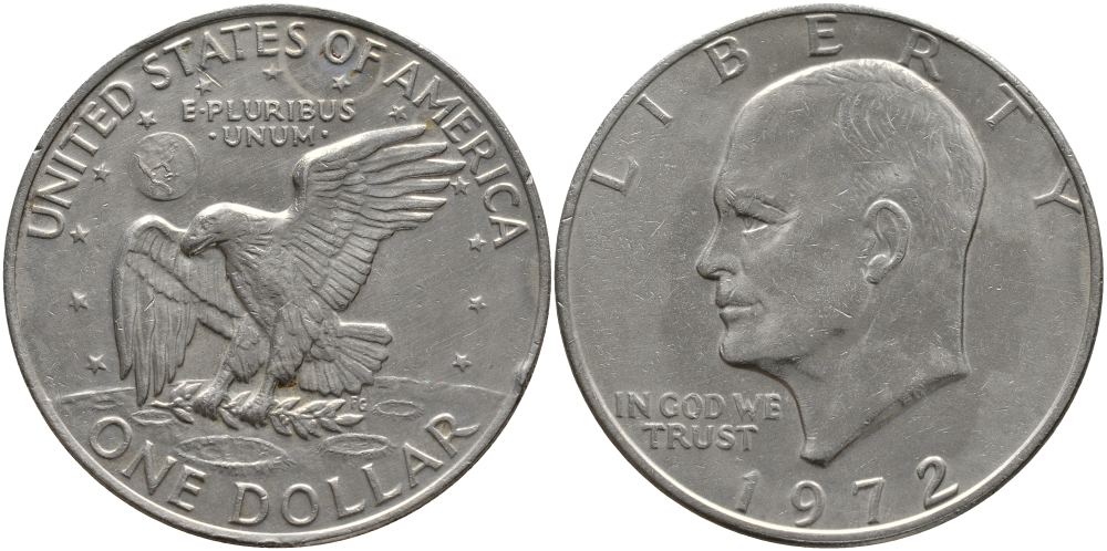 США 1 доллар 1972 Президент Эйзенхауэр, лунный орел KM 203 медь плакированная медно-никелем 118-721