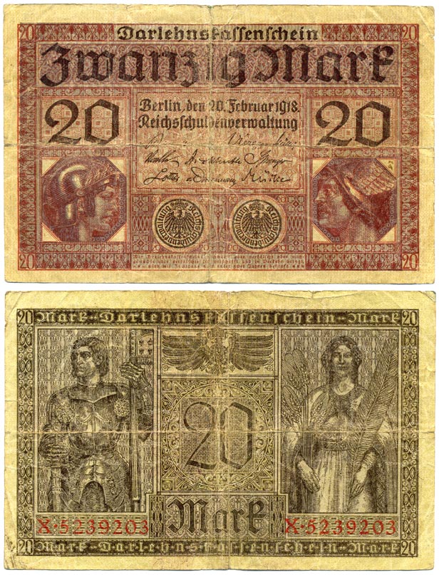 ГЕРМАНИЯ 20 МАРОК 1918 20 ФЕВРАЛЯ 1918. БЕРЛИН, МИНЕРВА И МЕРКУРИЙ Pick 57 бумага 8612-39-2-2