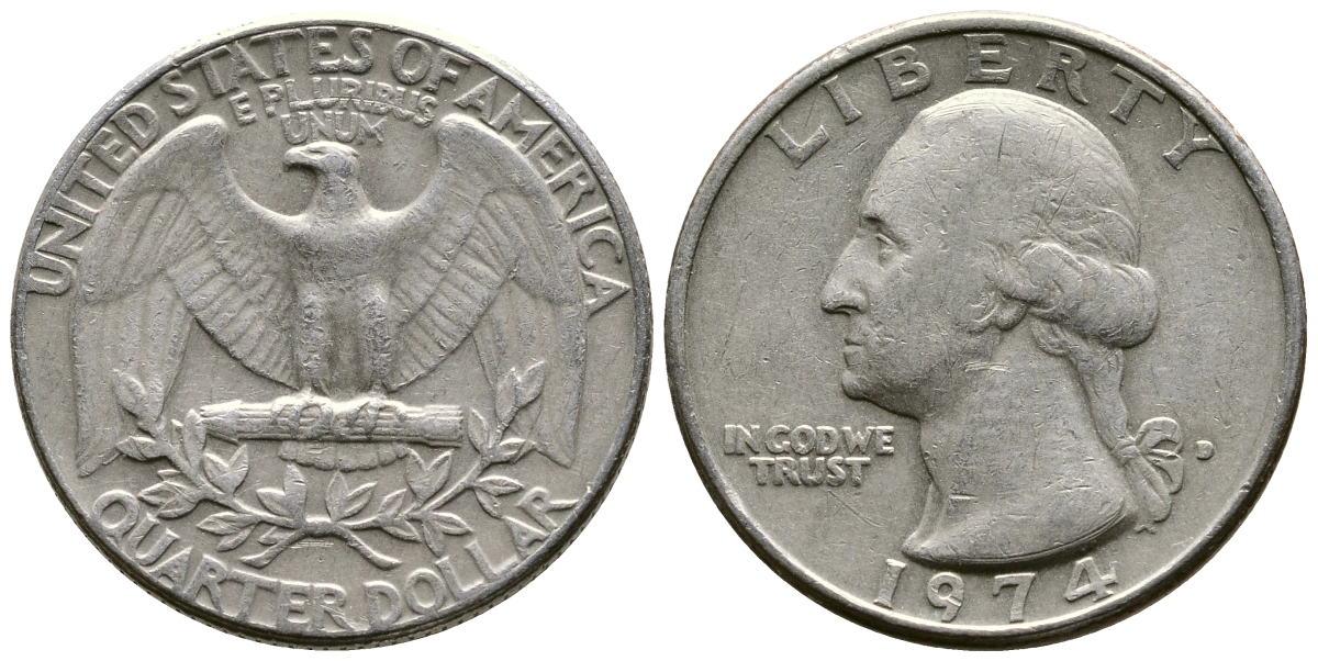США 25 центов (квотер) 1974 D, Вашингтон KM 164a медь плакированная медно-никелем 57-712