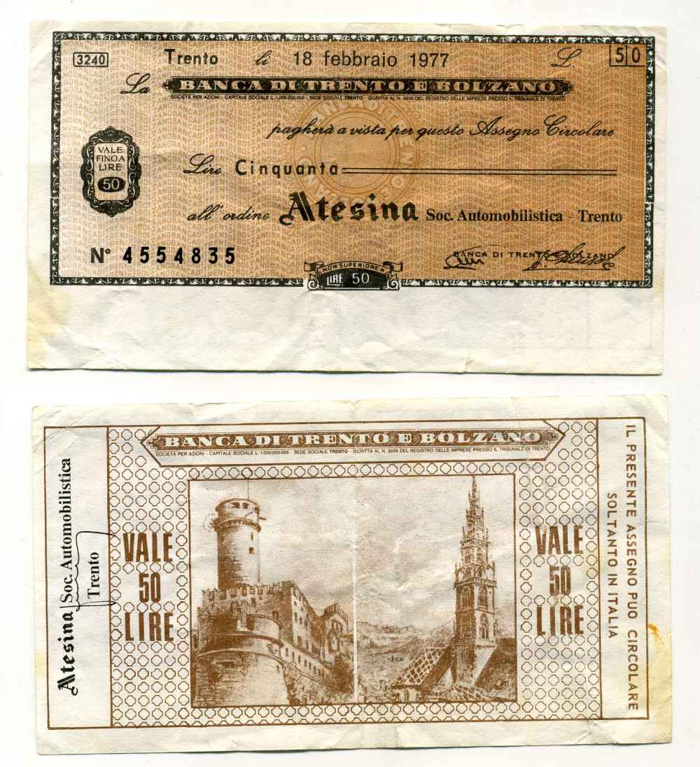 Италия 50 лир 1977 18 февраля 1977 Banca Di trento e bolzano бумага 8588-18-2-1