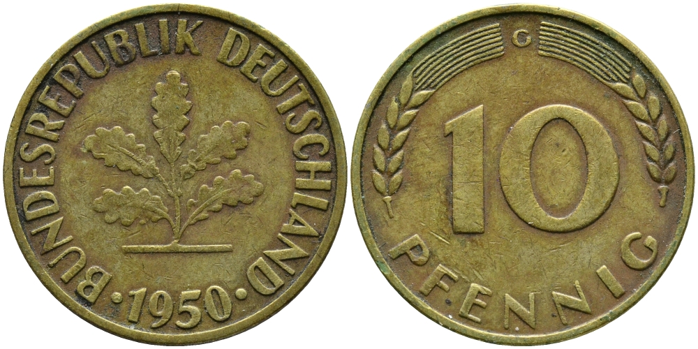 ФРГ 10 ПФЕННИГОВ 1950 G KM 108, J.383 сталь плакированная латунью 98-355
