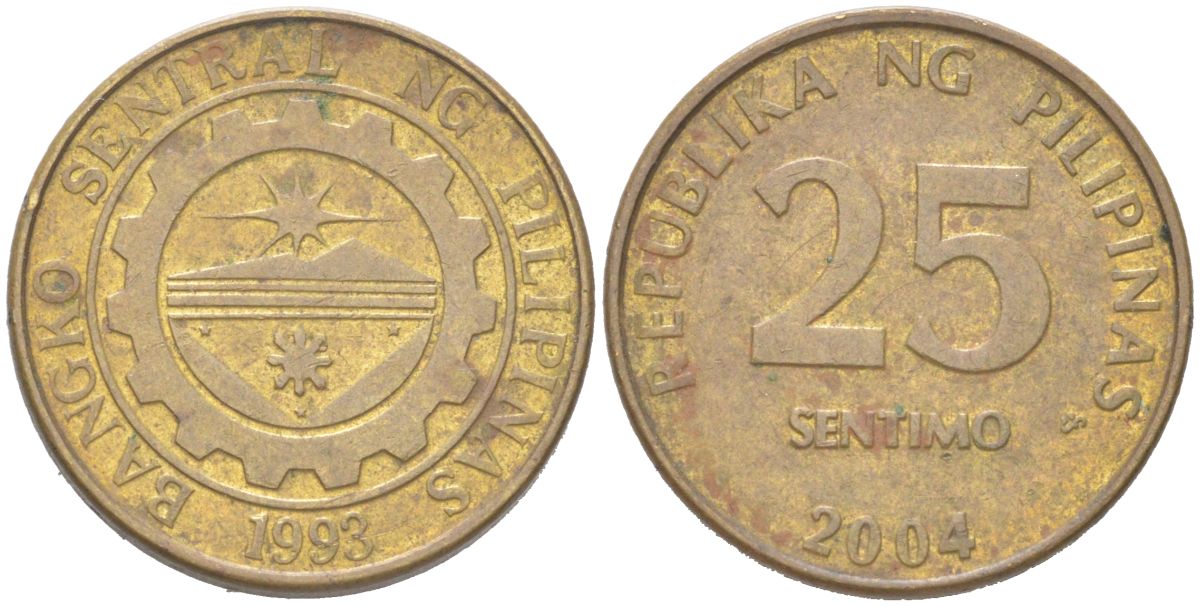 Филиппины 25 сентимо 2004 KM 271a сталь плакированная латунью 4614-531